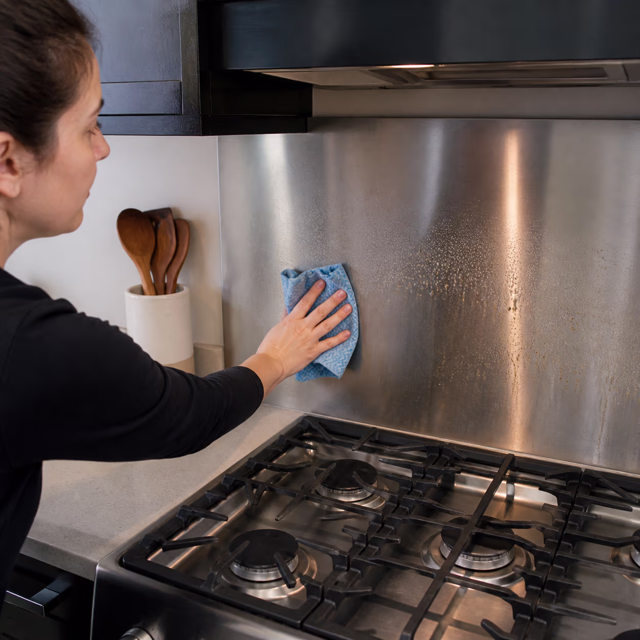 A square view of a cleaner spraying and wiping the grease film on a stove backsplash in an Ottawa kitchen, showing the light everyday buildup that warm water and dish soap handle first.