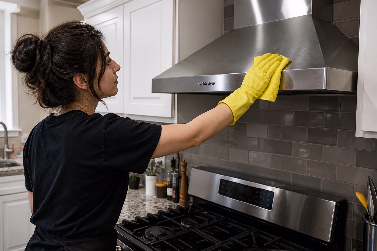 A landscape view of a professional cleaning team deep-cleaning an Ottawa kitchen, reaching the oven, range hood and cabinet tops where grease settles after years of cooking.