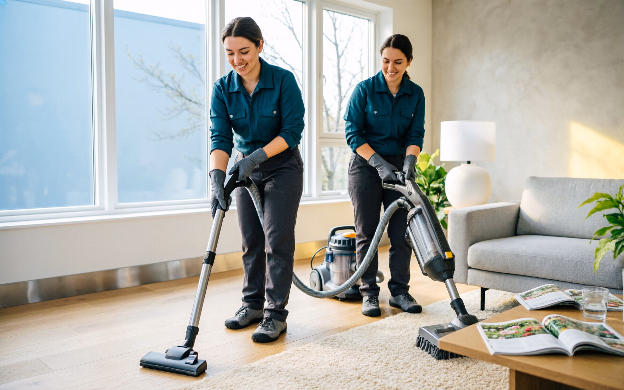 A professional cleaning team vacuuming a bright Ottawa living room as part of a thorough spring deep clean, capturing the room-by-room reset a Canadian home needs after a long, closed-up winter.