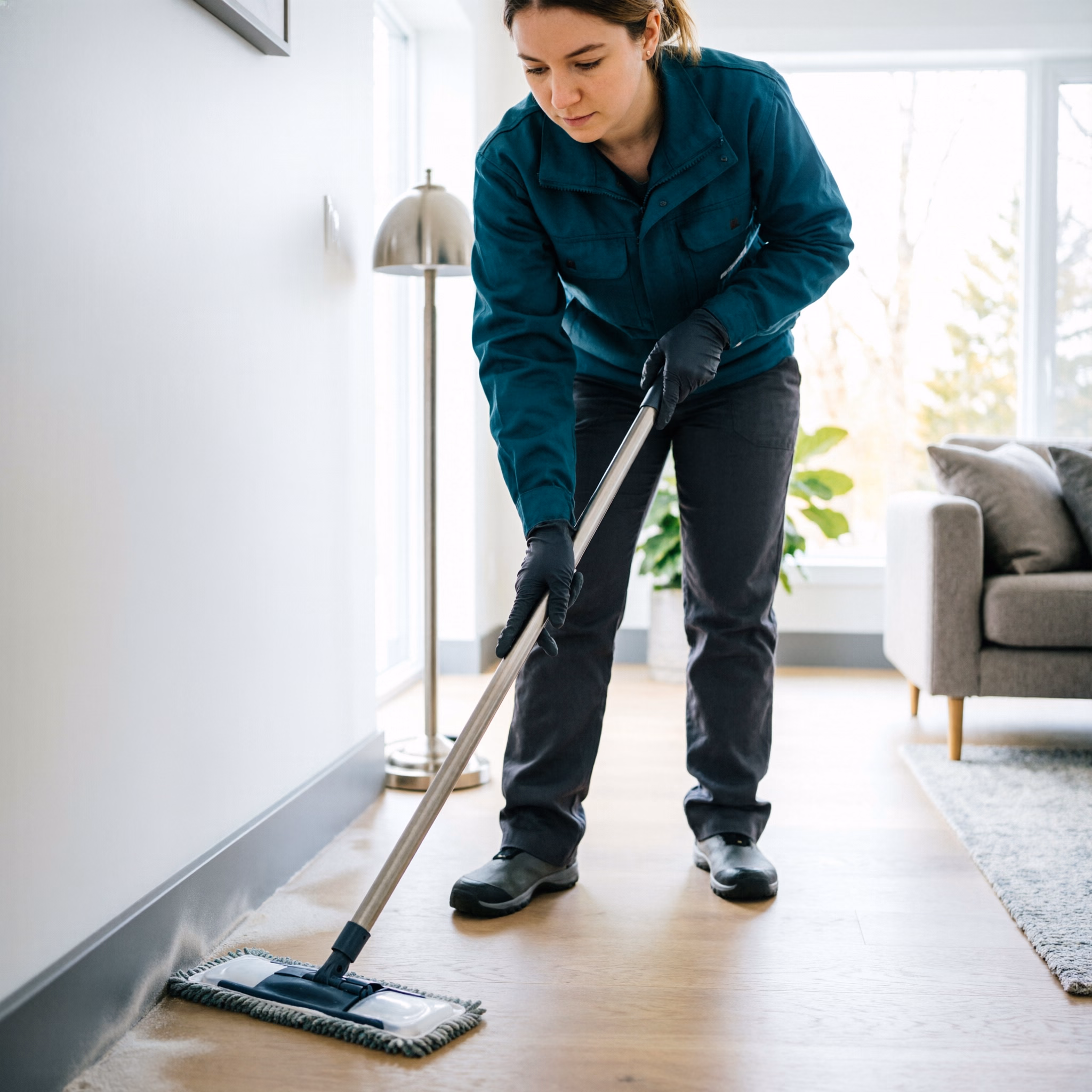 A square view of a cleaner deep-cleaning an Ottawa living room, lifting the fine film of dust and furnace-filtered winter buildup from surfaces and baseboards that a weekly tidy misses.