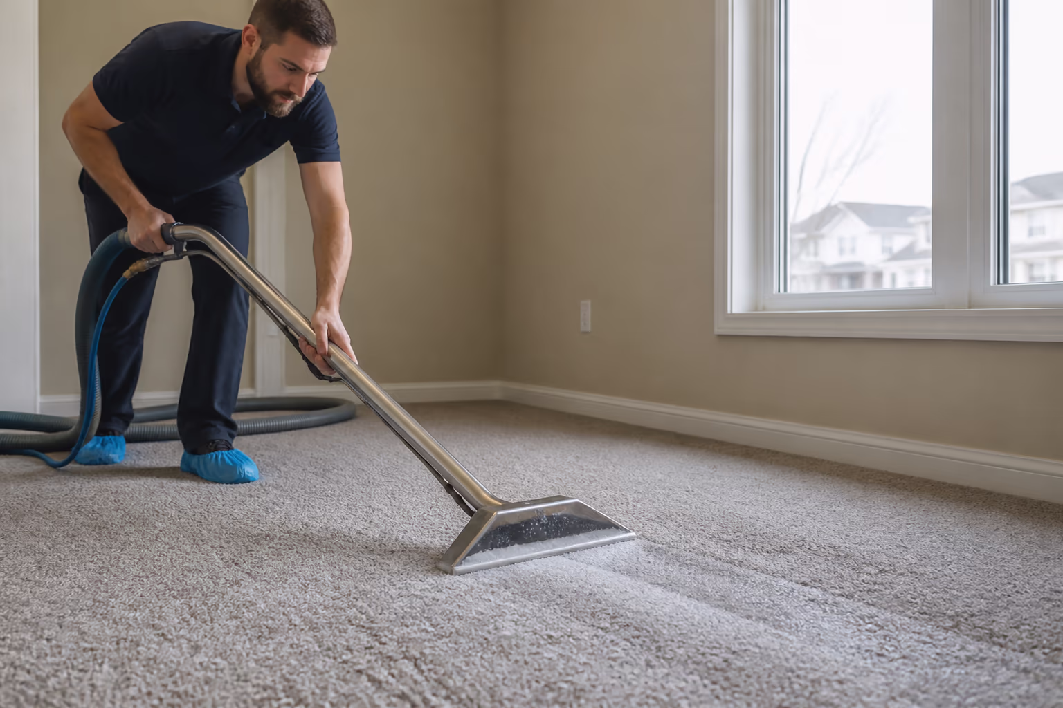 A landscape view of a professional team extracting and deep-cleaning a carpet in an Ottawa home in early spring, washing away the salt, moisture and allergen buildup left by a closed-up winter.