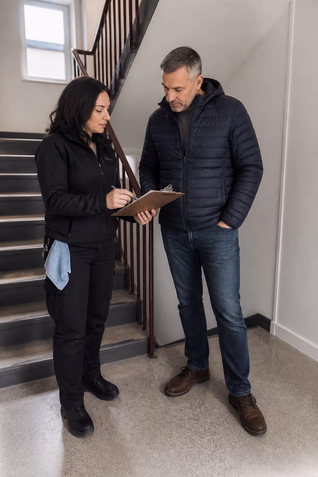 A portrait of a coordinator reviewing a stairwell cleaning plan with a building manager in an Ottawa property, confirming the daily routine and the deeper seasonal clean.