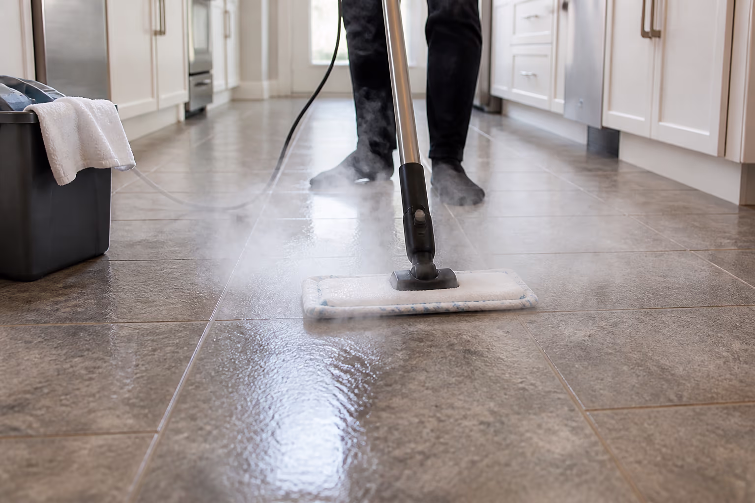 A close view of a cleaner guiding a steam mop across a sealed tile kitchen floor in an Ottawa home, the hot vapour lifting the greasy film that a damp mop simply smears around, capturing the hard-surface power of a steam cleaner.