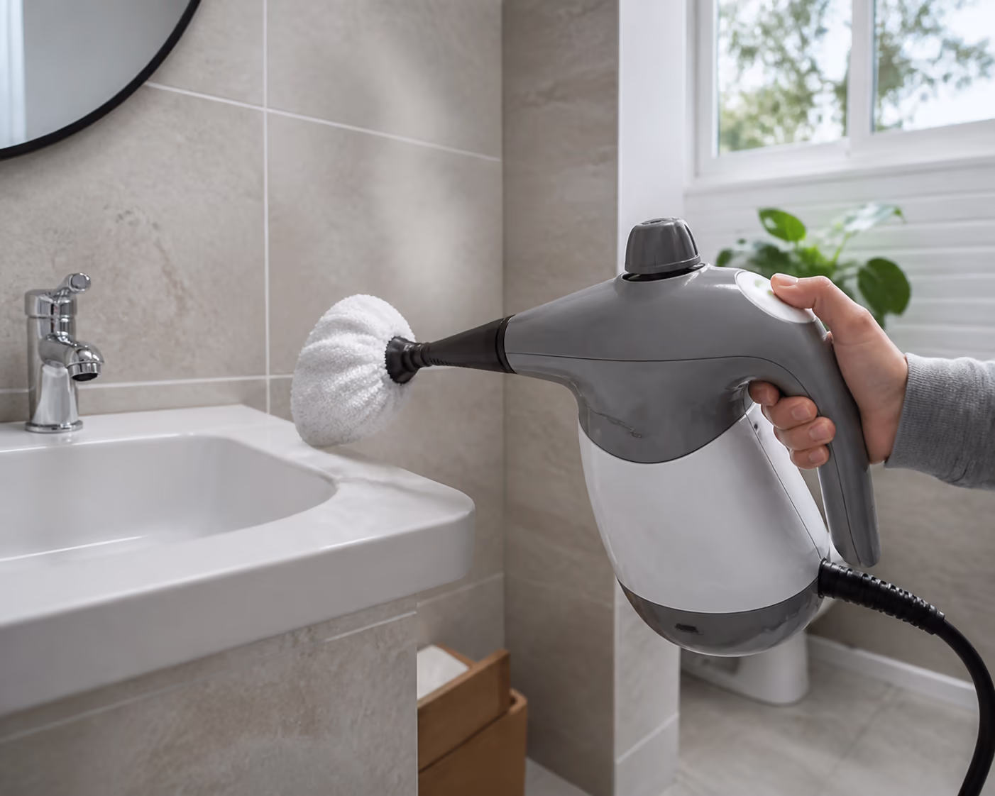 A square view of a handheld steam cleaner with its cloth attachment beside a sealed tile floor, showing the small portable tools that lift grime from grout, taps, counters and windows.