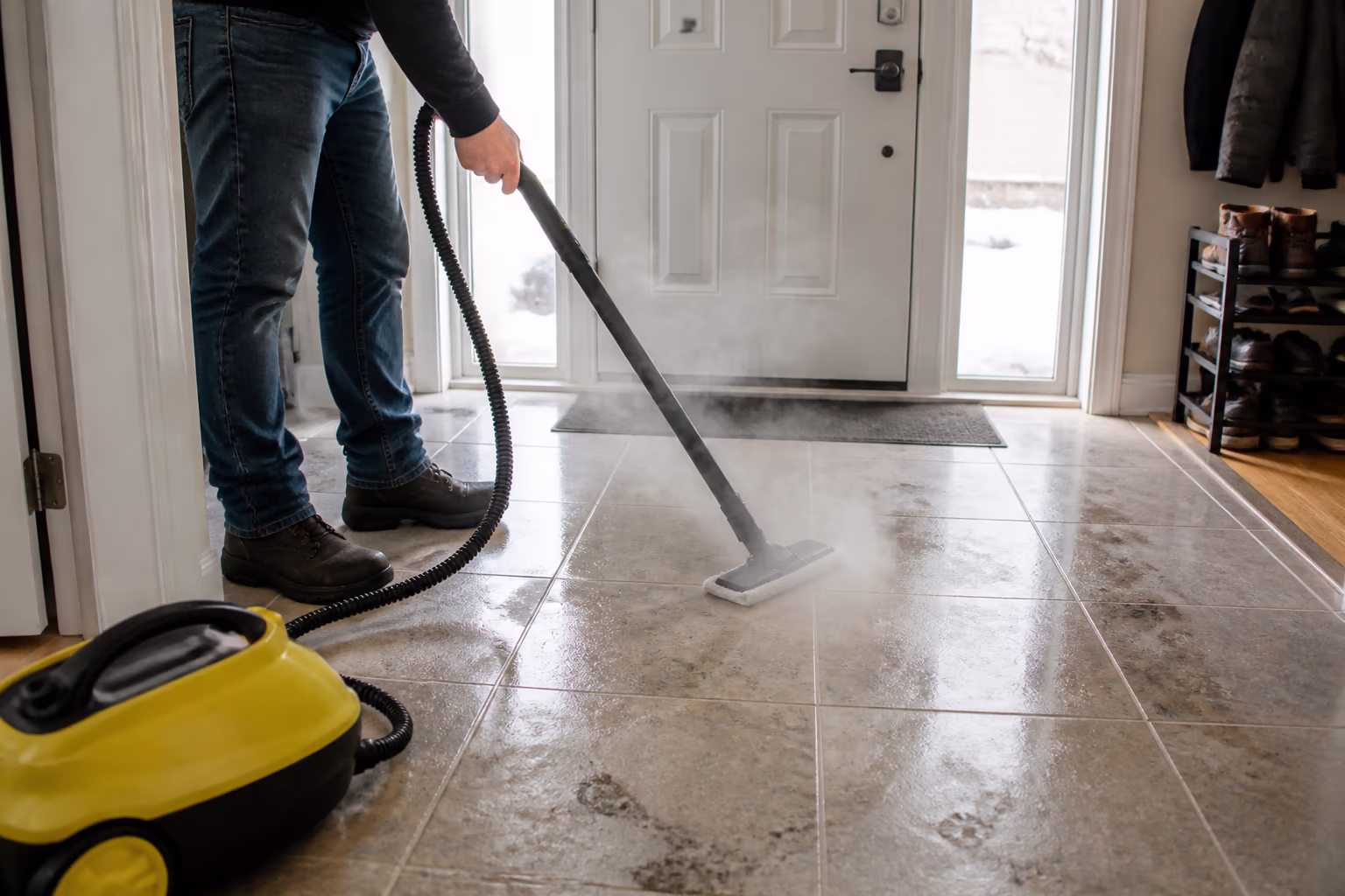 A landscape view of a cleaner steaming the sealed tile entryway of an Ottawa home in winter, lifting the greasy salt and sand film that the season tracks through the front door.