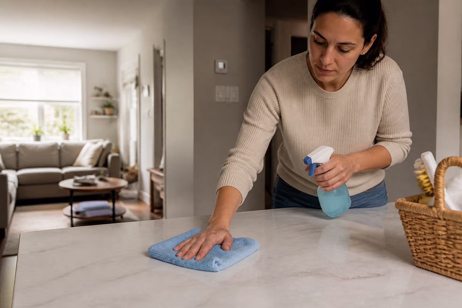 A cleaner with a supply caddy standing at the threshold of a bright Ottawa living room mid-reset, the cleared surfaces and folded cloths backing the ten-step method that turns a messy house into an ordered one.