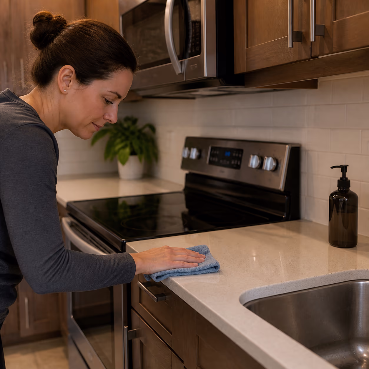 A square view of a freshly cleaned kitchen in an Ottawa home, the sink, stovetop and appliance fronts wiped and a clean microfibre cloth folded beside them, capturing the deep clean that kitchens and bathrooms repay most.