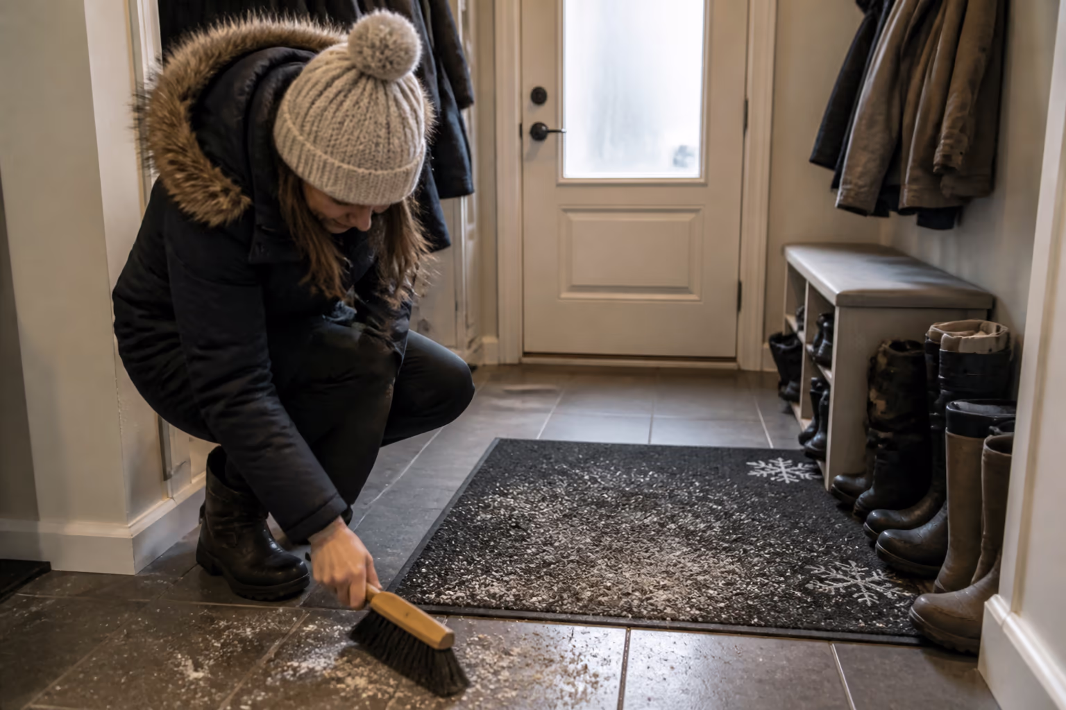 A landscape view of an Ottawa entryway in winter, boots and coats stored on hooks, a mat at the door and swept floors, showing how the salt and sand of a Canadian winter are kept to one small room that protects the rest of the house.