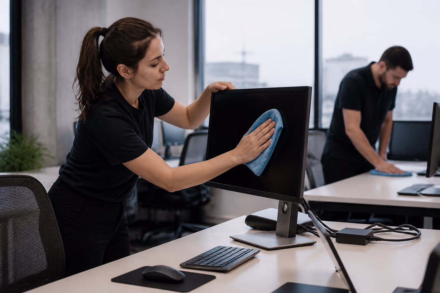 Two cleaners servicing an open-plan Ottawa office, wiping desks and screens with microfibre cloths, showing the careful, electronics-safe routine a tech office needs.