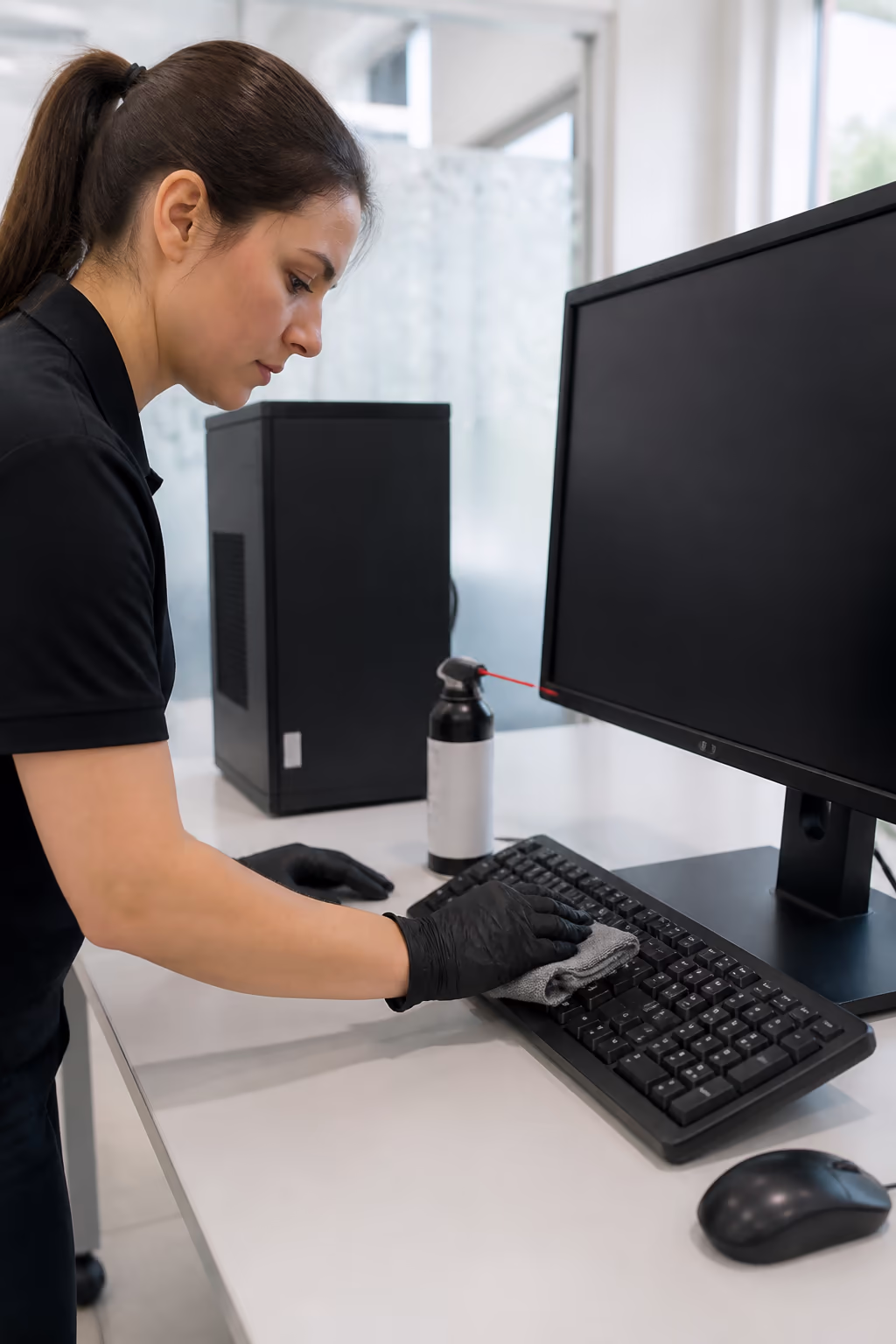 A portrait of a cleaning technician cleaning a workstation keyboard and screen with a microfibre cloth in an Ottawa tech office, a compressed air can beside them, capturing the careful handling electronics require.