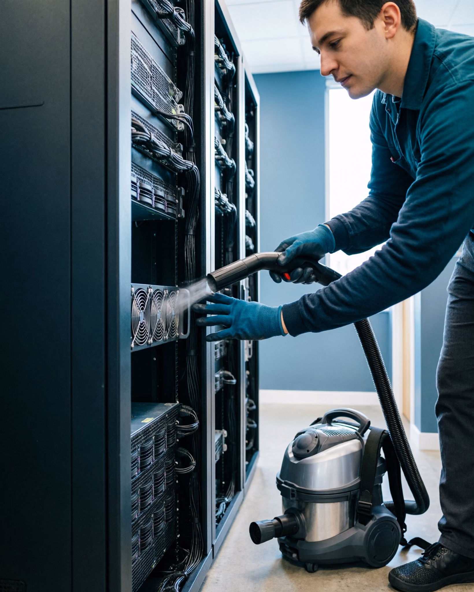 A square view of a clean server room rack in an Ottawa tech office, servers and cabling orderly and a technician dusting the intake vents with compressed air, showing how keeping dust off the equipment protects the hardware.