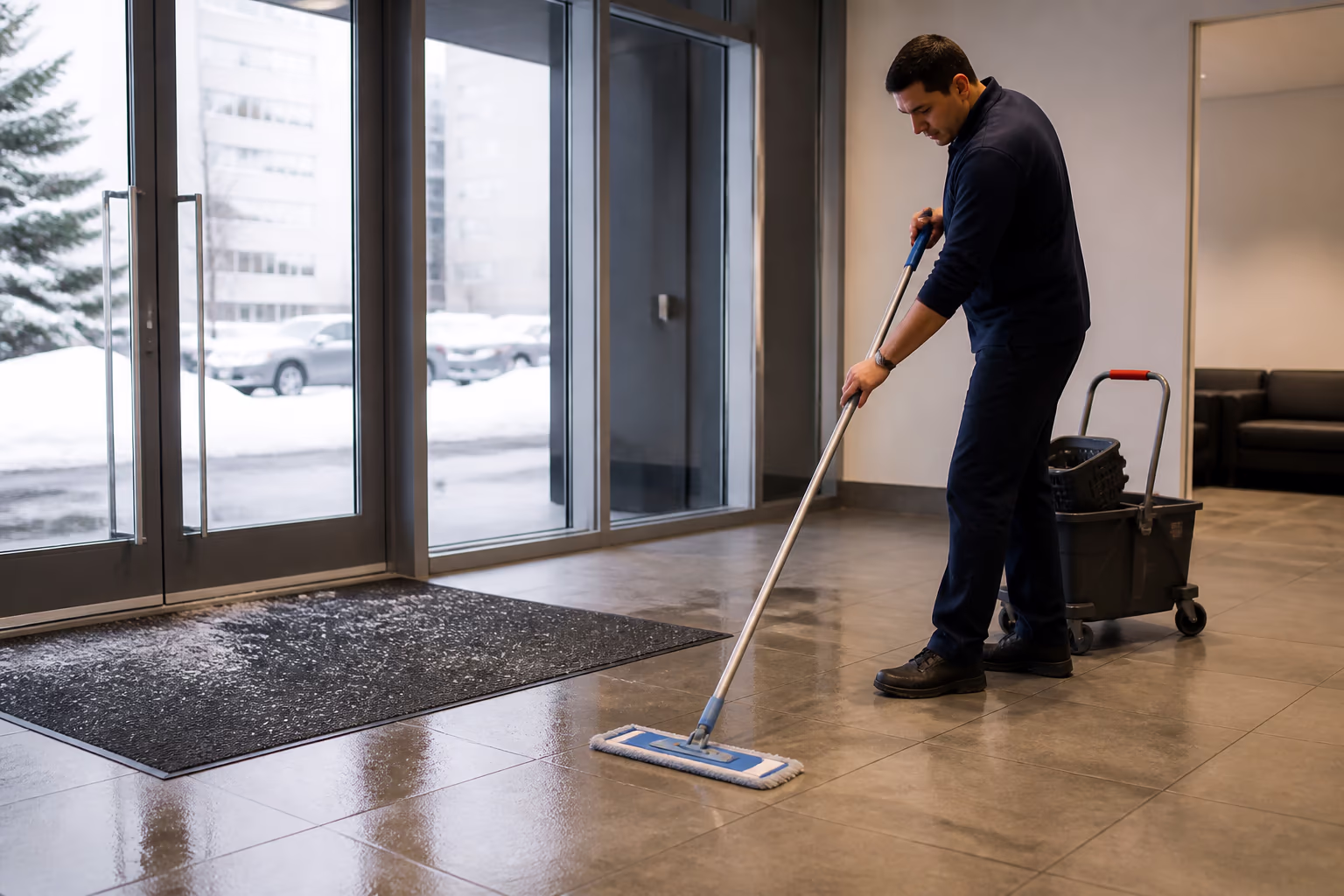 A landscape view of an Ottawa tech office entryway in winter, salt and slush mats at the door and a cleaner mopping the lobby floor, showing how Canadian seasons change what an office needs.