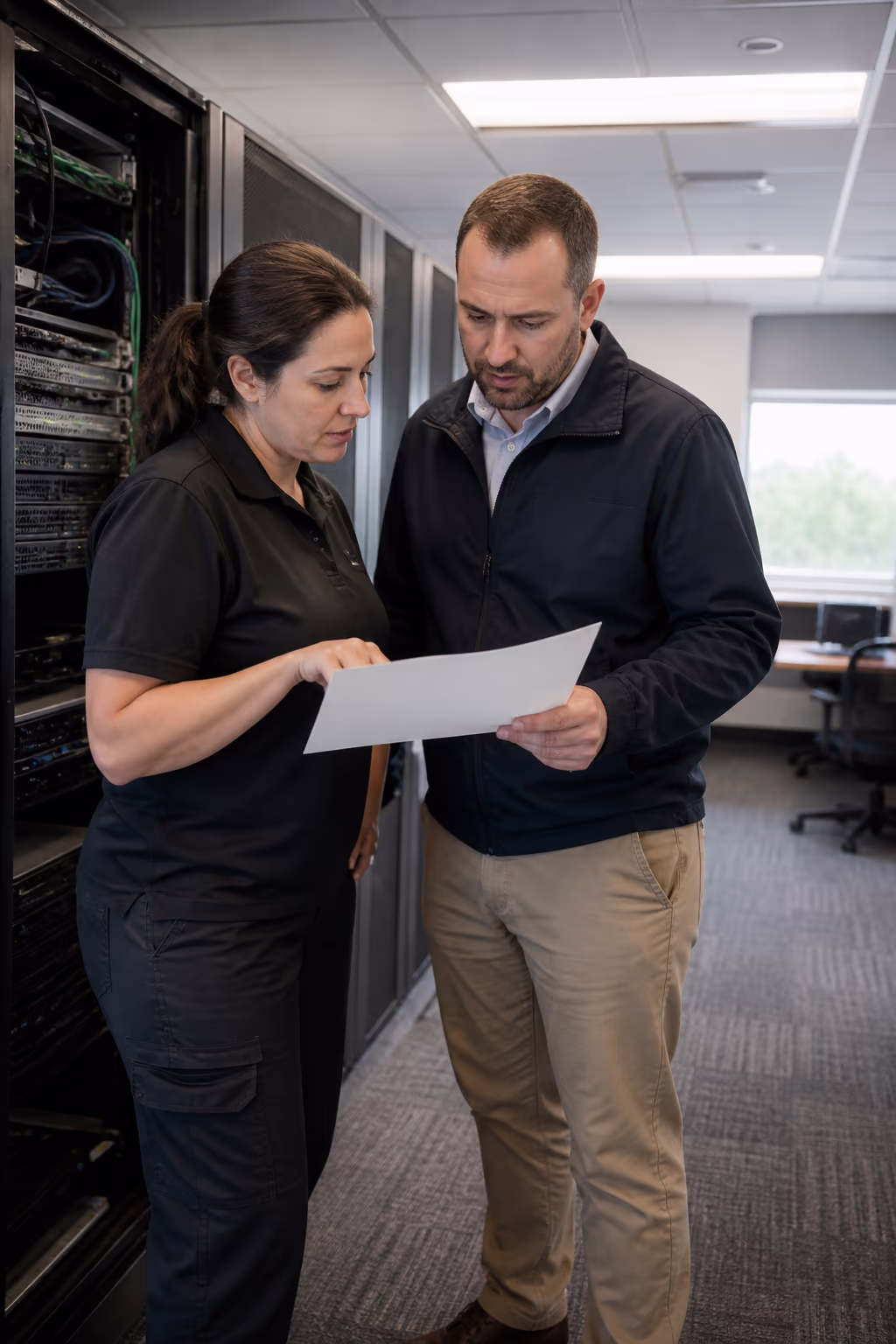 A portrait of a coordinator reviewing an office cleaning plan with a facilities manager in an Ottawa tech office, racks and workstations behind them, showing the trained, documented care behind a professional clean.