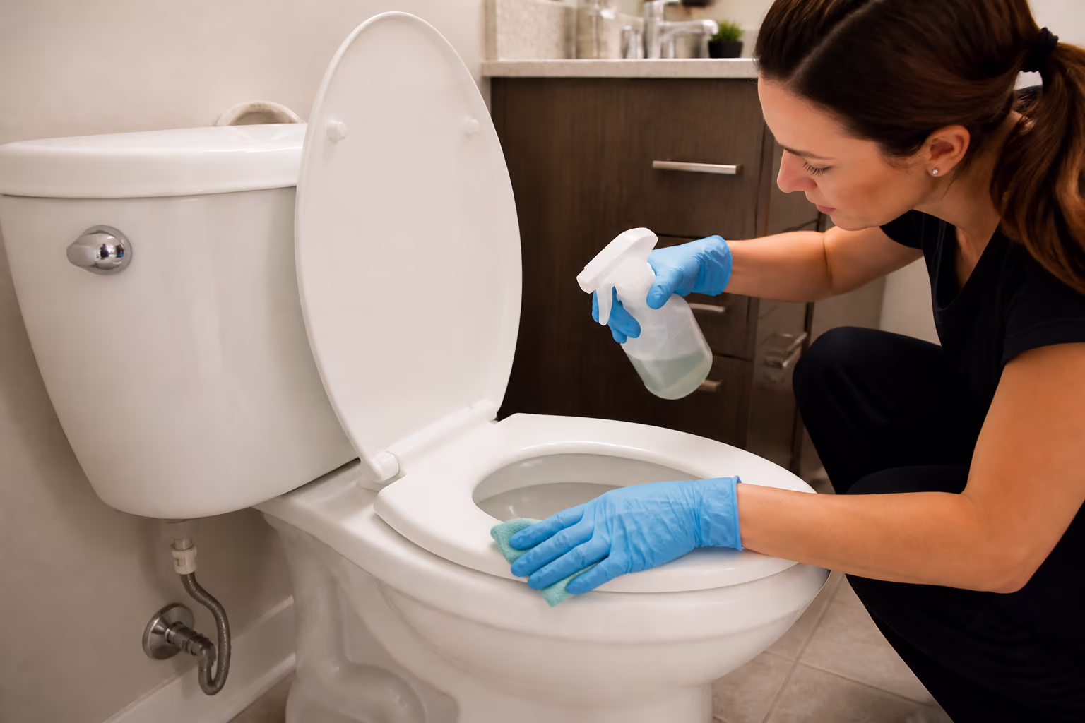 A cleaner holding a spray bottle and a microfibre cloth in a bright room, the low-fume, well-stocked kit that makes a hygienic toilet routine quick and effective.