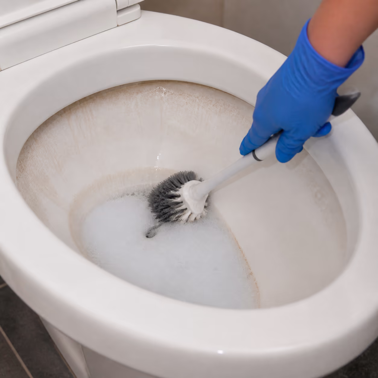 A square view of a toilet bowl with hard-water scale at the waterline being treated with a lime-and-scale remover, a gloved hand holding the brush, showing how the right product lifts mineral deposits without damaging the porcelain glaze.
