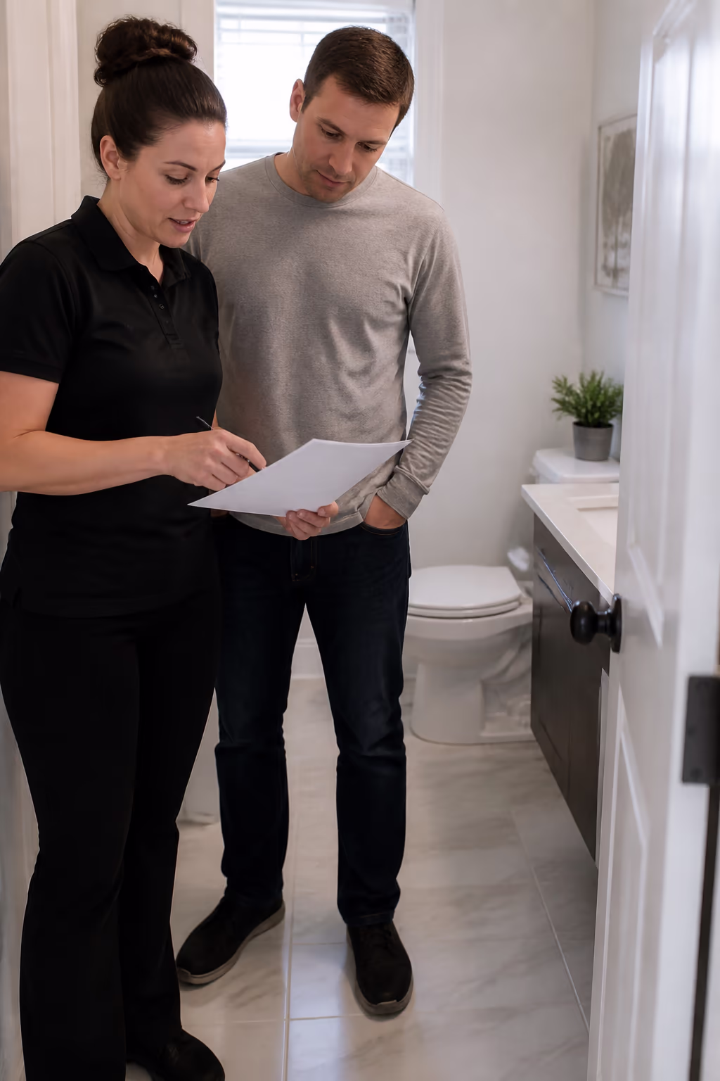 A portrait of a coordinator reviewing a bathroom cleaning plan with an Ottawa homeowner, the clean bathroom behind them, showing the trained, scheduled care that keeps a toilet routine on track.