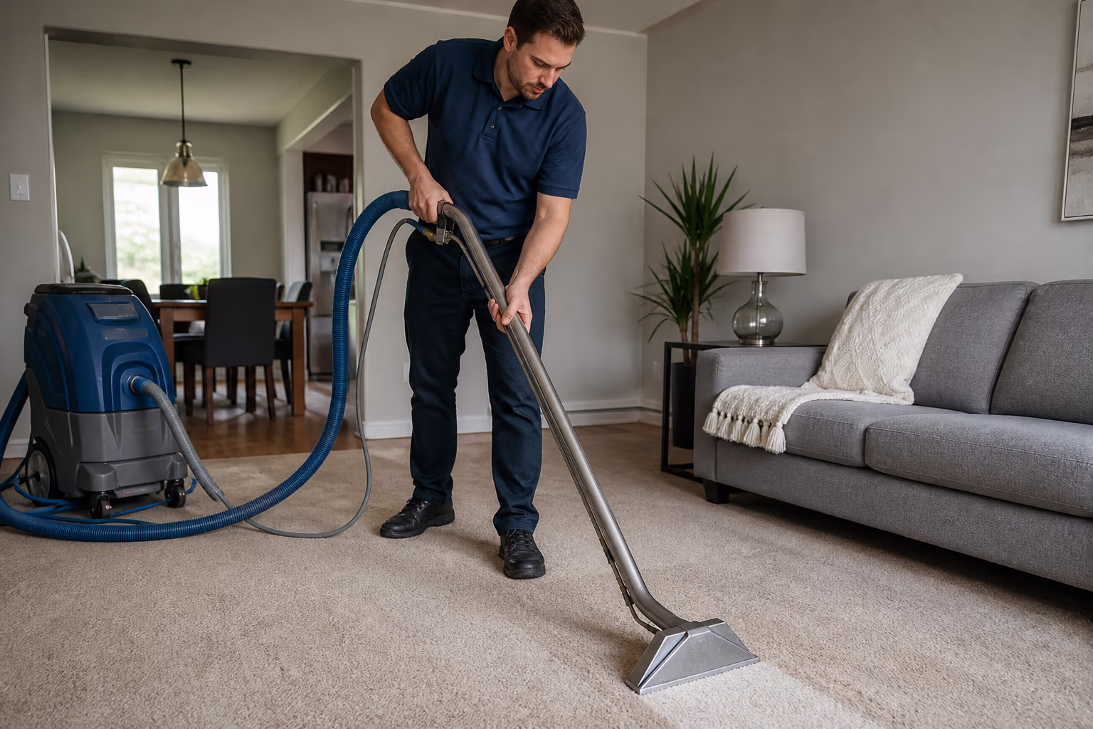 A cleaning technician deep cleaning a living-room carpet in an Ottawa home with a professional extraction wand, lifting the embedded dust and grit a vacuum alone cannot reach, capturing the careful, low-fume routine behind a professional carpet clean.