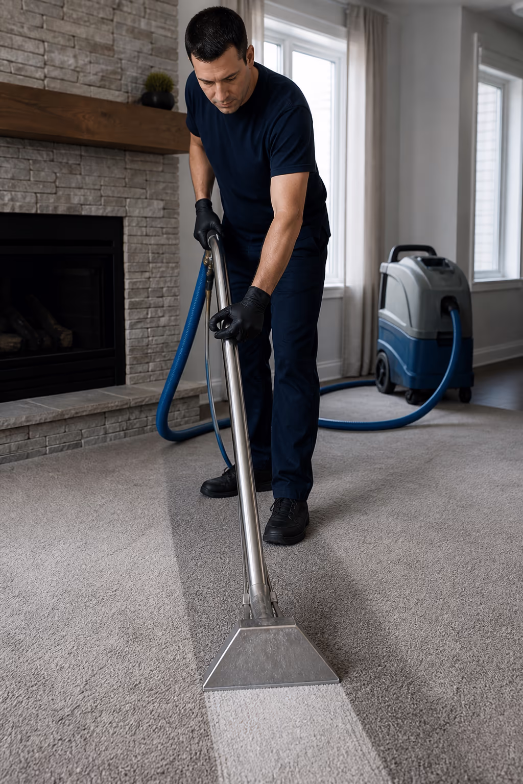 A portrait of a cleaning technician using a hot water extraction wand on a carpet in an Ottawa home, the clean fibres lifting behind the wand, capturing the extraction that sets professional cleaning apart.
