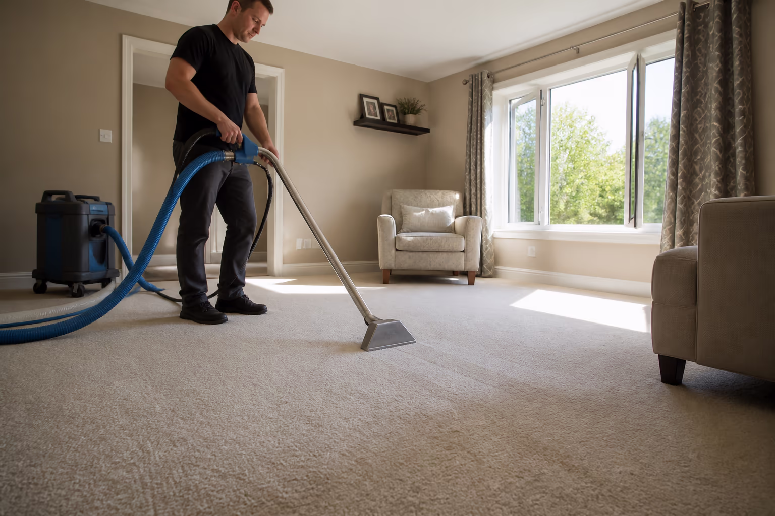 A landscape view of a bright Ottawa living room after a professional carpet cleaning, sunlight falling across a freshly extracted carpet and a window cracked open, showing how a deep clean lifts embedded dust and keeps the air in the room fresher.