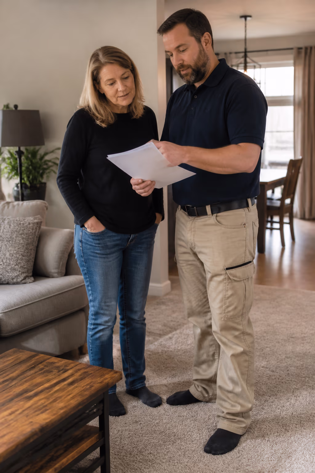 A portrait of a coordinator walking a homeowner through a carpet cleaning plan and itemised quote in their Ottawa home, the clean living room behind them, showing the trained, documented care behind a professional clean.