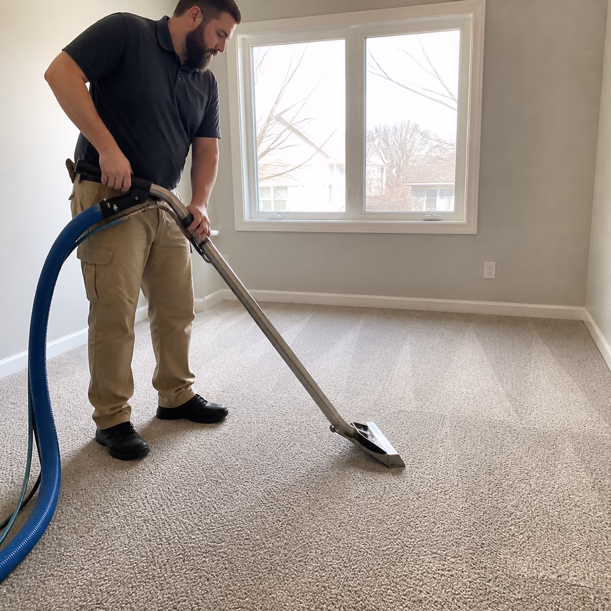 A square view of a freshly cleaned, move-in-ready rental unit bedroom in Ottawa, the carpet visibly fresh and the room aired out between tenancies, showing how a professional clean protects the asking rent.
