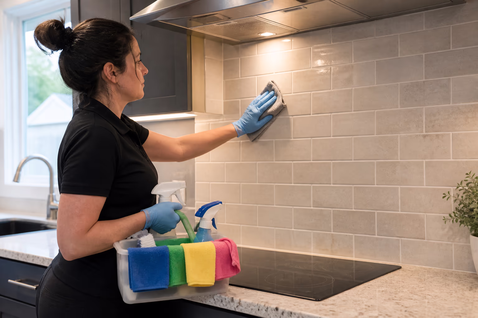 A professional cleaner holding a colour-coded microfibre caddy beside a tiled kitchen backsplash in a bright Ottawa home, supplies ready for a grout and tile clean.