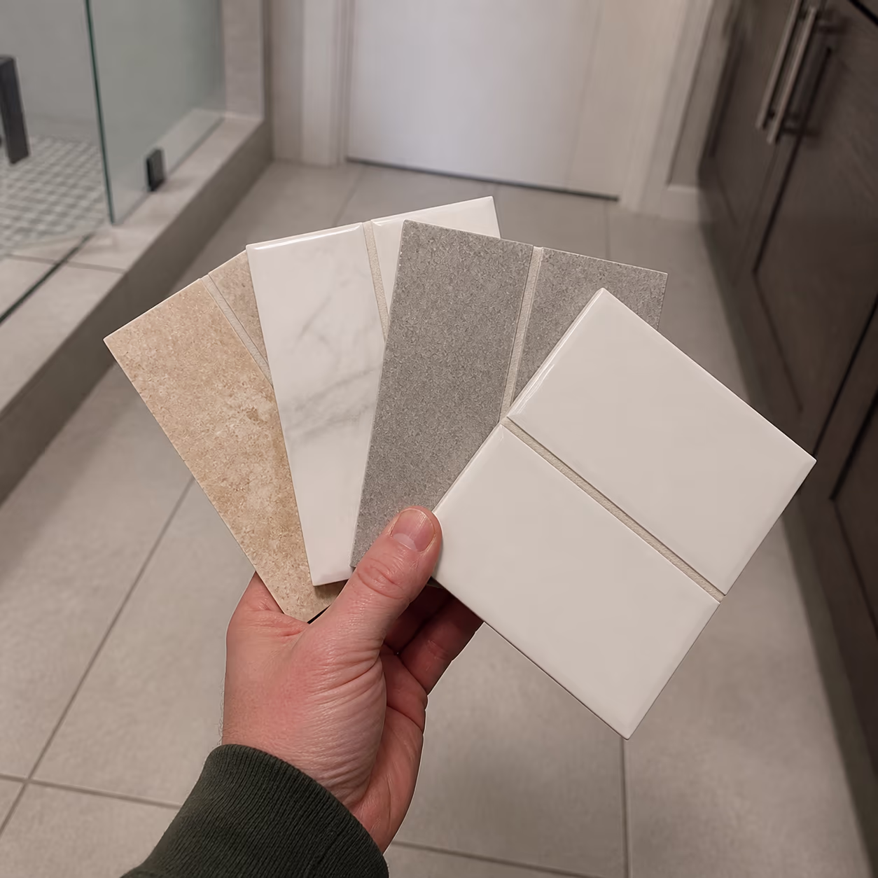 A square view of a hand holding up four ceramic, porcelain and natural stone tile samples with their grout lines in a bright Ottawa home, showing how matching the cleaner to the tile type protects the surface.