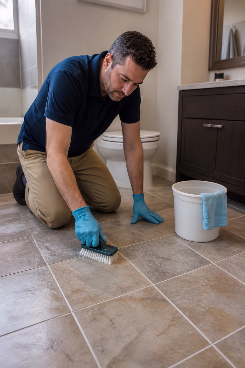 A portrait of a coordinator walking a homeowner through a grout cleaning plan and itemised quote in their Ottawa home, the clean tiled floor behind them, showing the trained, documented care behind a professional clean.