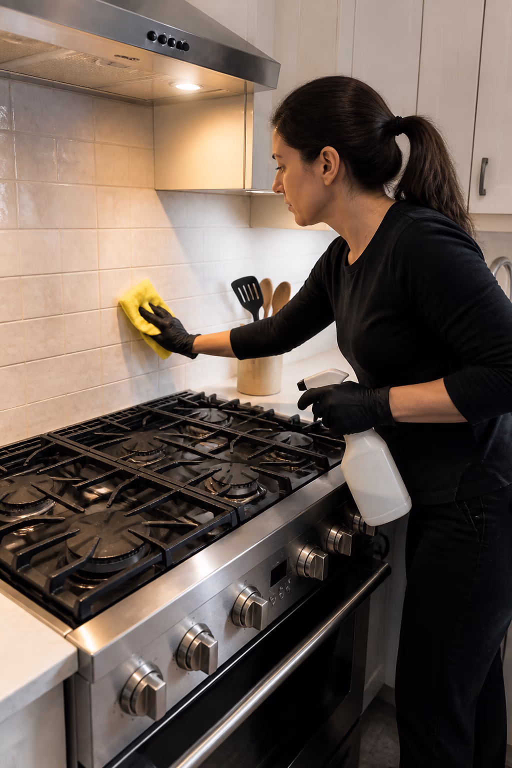 A portrait of a cleaning technician degreasing a stainless steel stove top and tiled backsplash in an Ottawa kitchen, working the surface with a soft cloth and a spray bottle, capturing the careful, low-fume routine behind a professional stove clean.