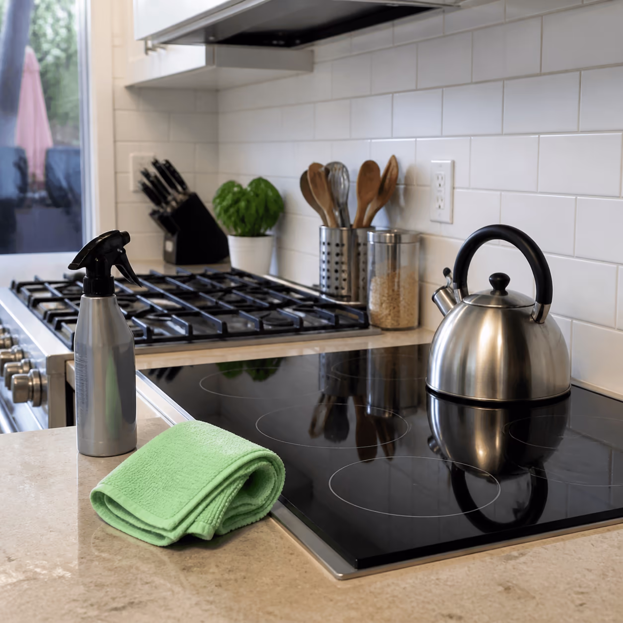 A square view of a bright Ottawa kitchen with a glass-ceramic cooktop, a stainless steel kettle and a gas range visible, a soft microfibre cloth and a stove-top degreaser at hand, showing how the right cleaner and tools protect each stove surface.
