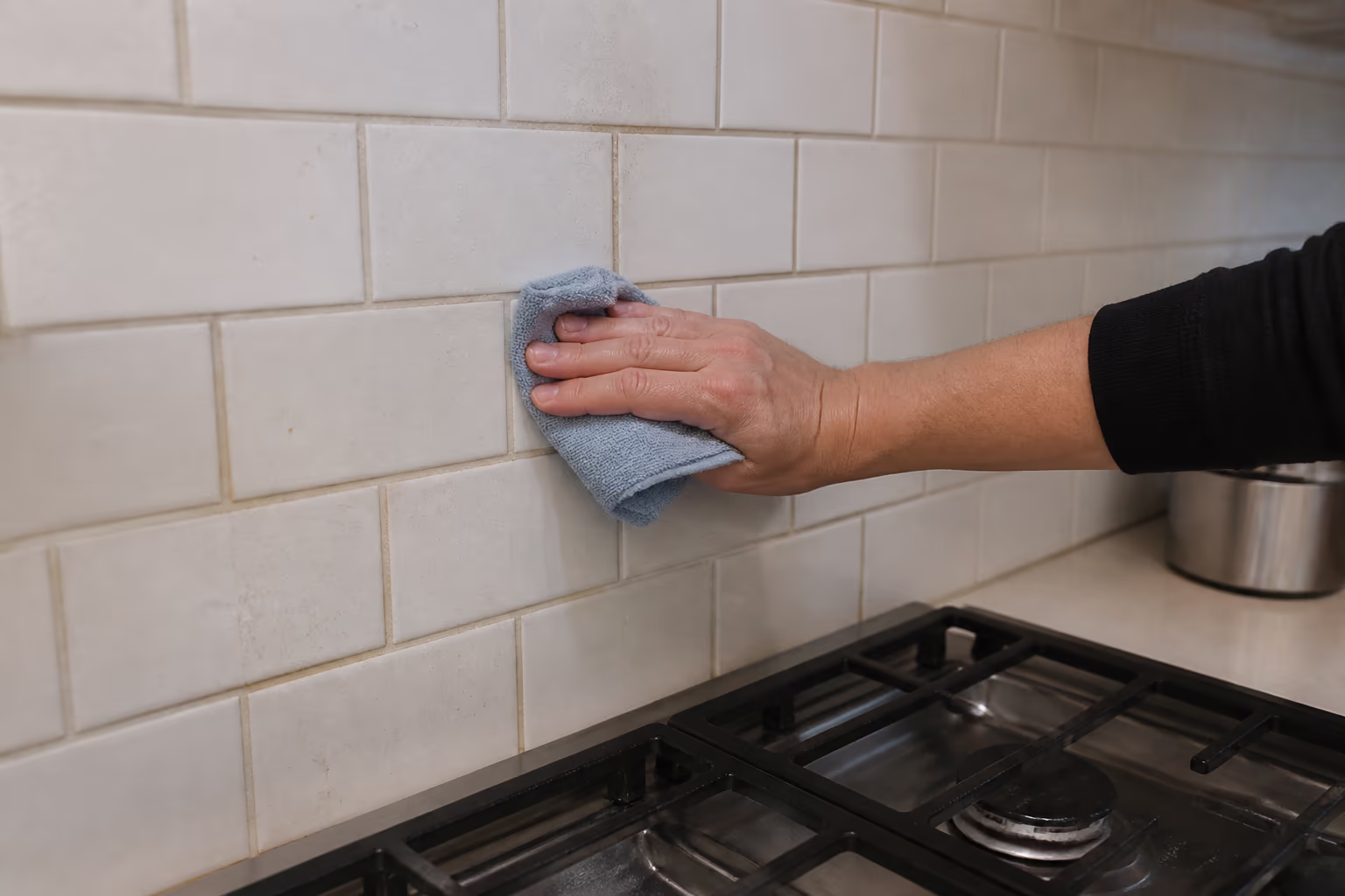 A landscape view of a tiled kitchen backsplash behind a stove in an Ottawa home, a microfibre cloth working a degreaser along the grout lines, showing how the splash zone is cleaned on the same rhythm as the stove top.
