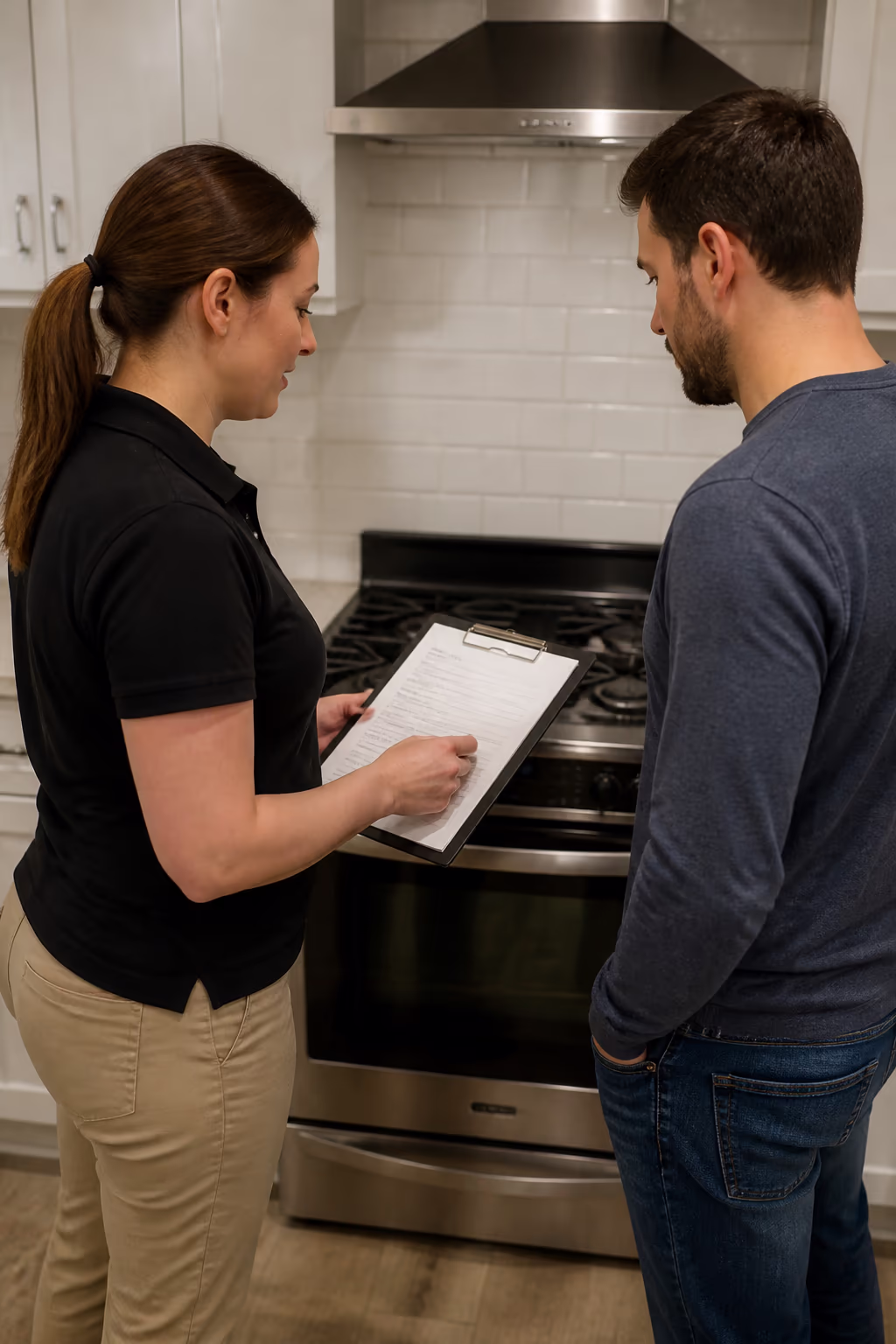 A portrait of a coordinator walking a homeowner through a stove and backsplash cleaning plan and itemised quote in their Ottawa kitchen, the clean stove behind them, showing the trained, documented care behind a professional clean.