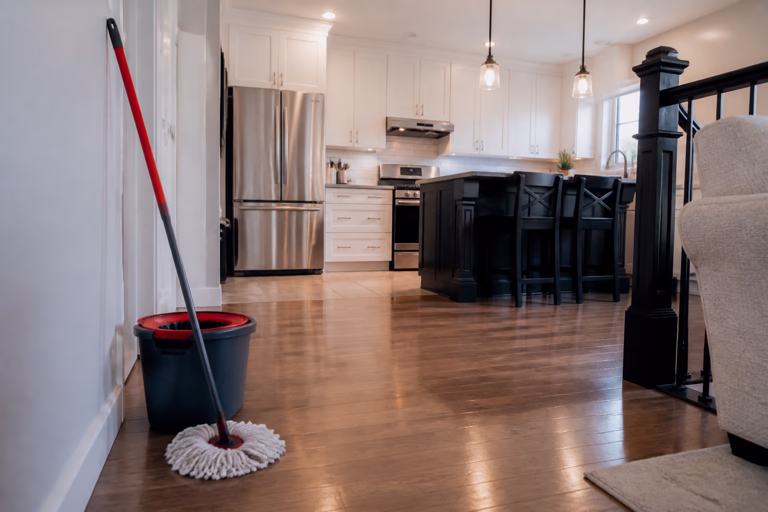 A mop and bucket standing beside a freshly cleaned kitchen floor in a bright Ottawa home, capturing the everyday scene behind the funniest questions people ask about mopping, vacuuming and keeping a home clean.
