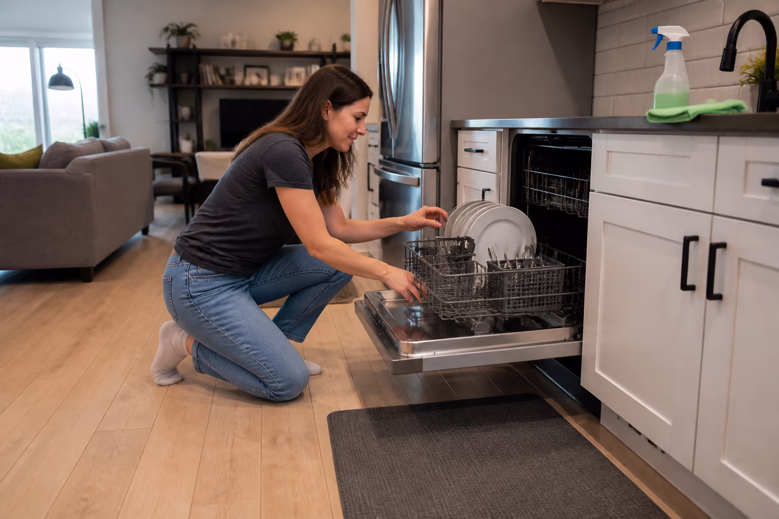 A landscape view of a bright Ottawa kitchen with an open dishwasher, wiped counters and a spray bottle and microfibre cloth at hand, capturing the room-by-room questions homeowners ask about bathrooms, windows, carpets and appliances.