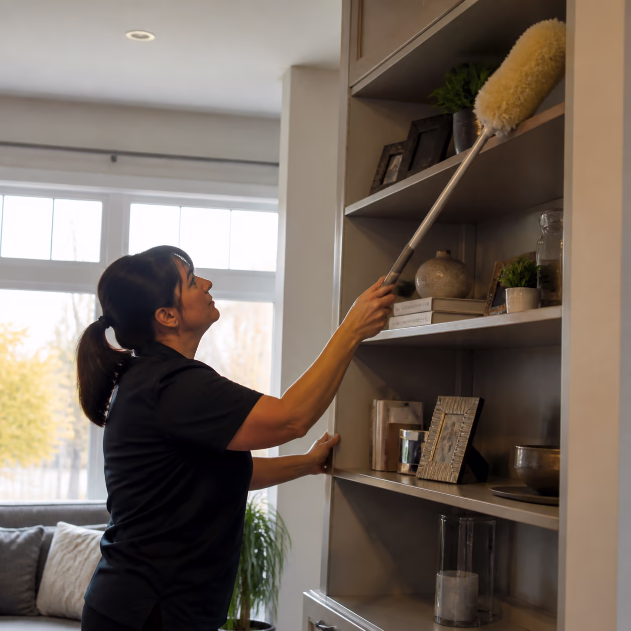 A square view of a cleaning technician reaching a high shelf with a microfibre duster in a tidy Ottawa living room, capturing the small habits and quiet assumptions behind a genuinely clean home.