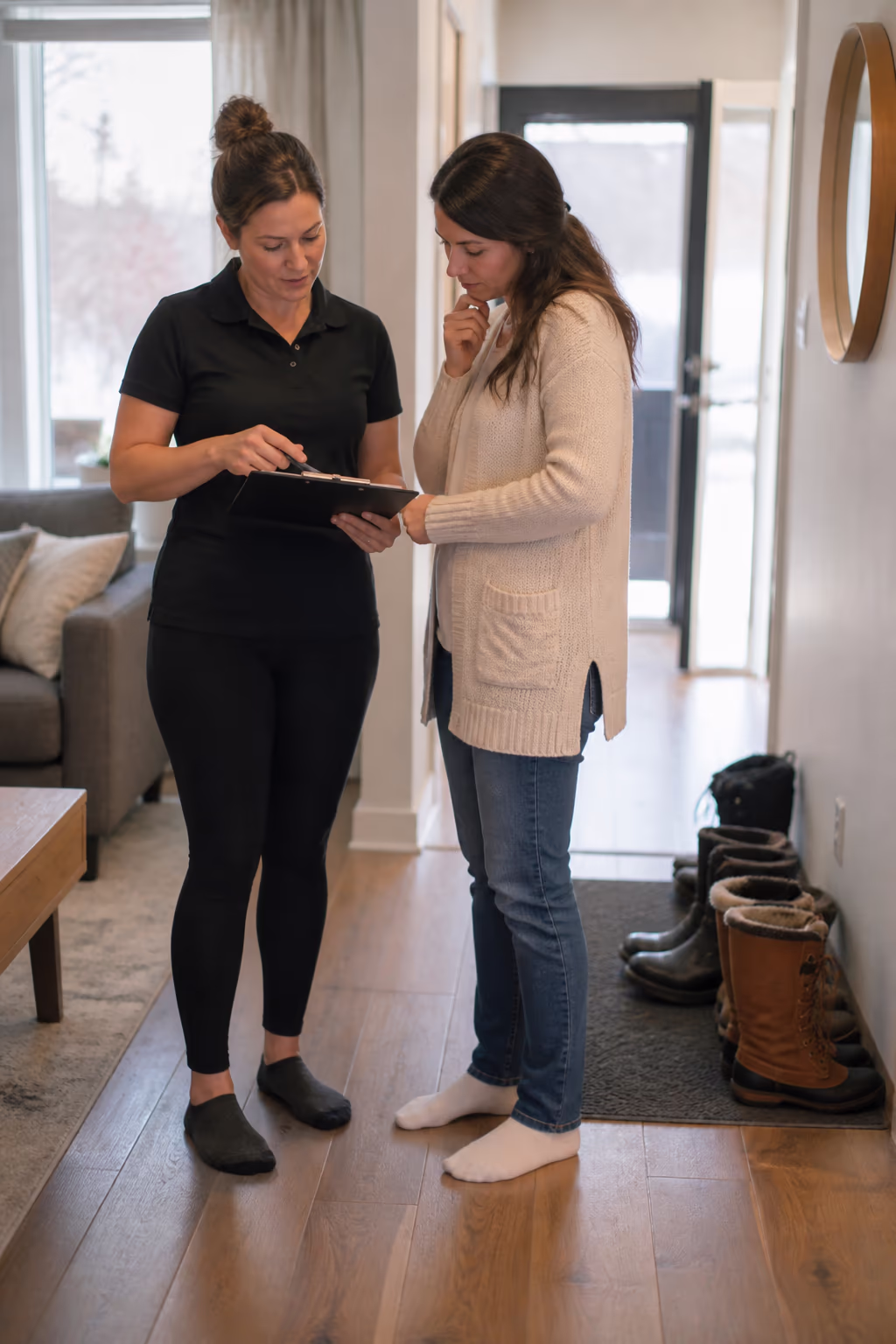 A portrait of a team member reviewing a cleaning plan with a homeowner in an Ottawa living room, winter boots lined at the entry, capturing the local, documented care behind professional cleaning.