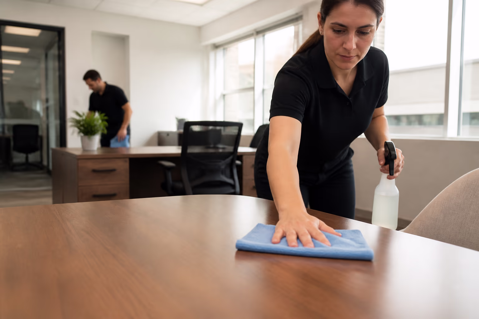 Two professional cleaners servicing a bright open-plan office in Ottawa, wiping desks and floors so the space stays client-ready, capturing the consistent standard behind a clean office.