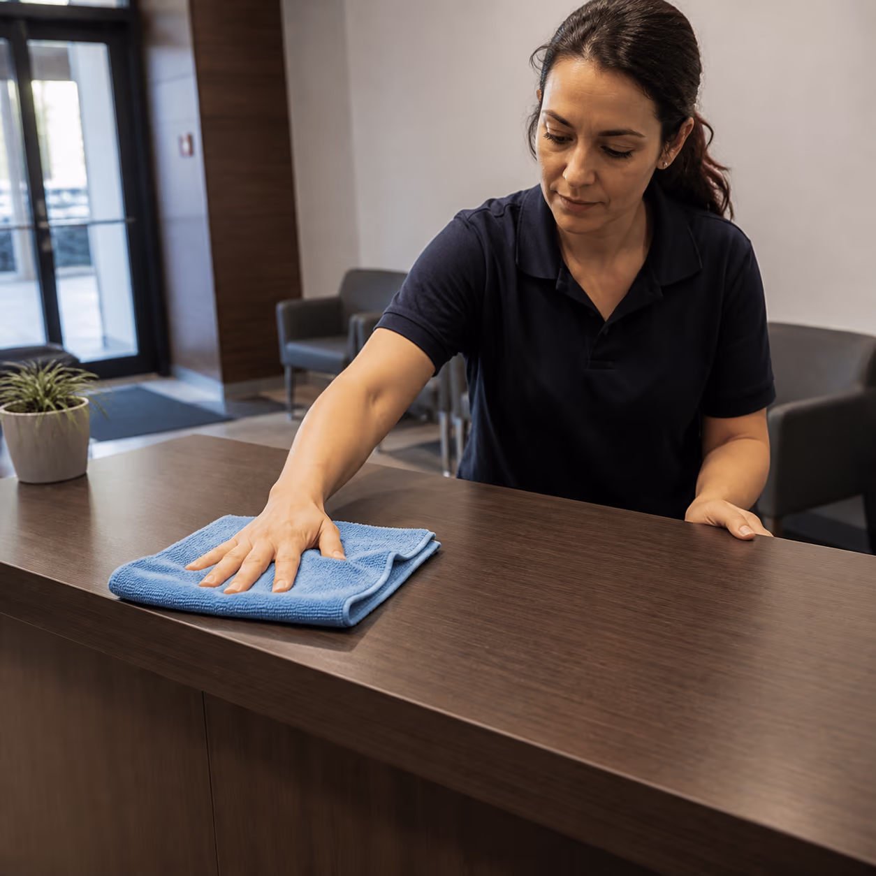 A square view of a professional office reception area in Ottawa, with a polished front desk, tidy seating and clear floors, capturing the cared-for environment that signals trust and competence to a client before a word is spoken.