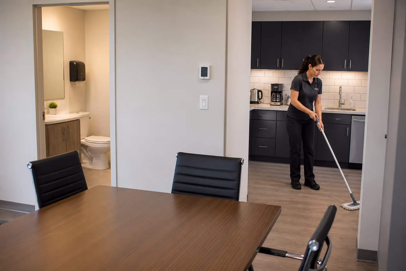 A landscape view of a bright Ottawa office meeting room with a clean table, arranged chairs and a tidy washroom and kitchen beyond, showing the spaces clients spend the most time in and judge most closely.