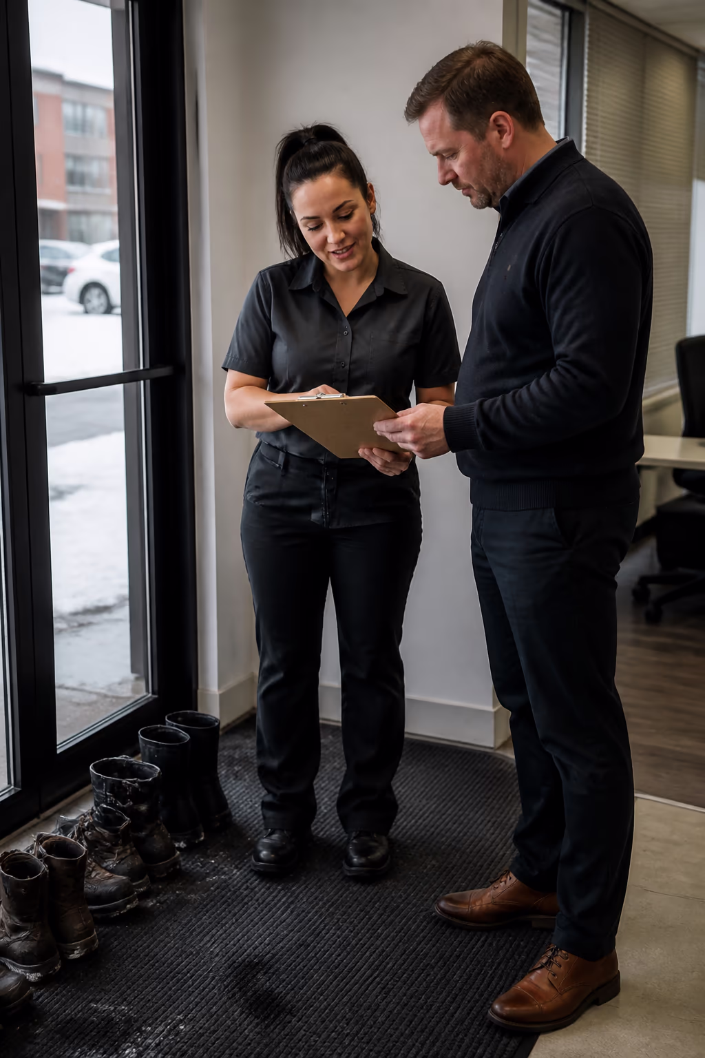 A portrait of a cleaning technician reviewing a cleaning plan with an Ottawa office manager, winter mats and boots at the entry, capturing the local, documented care behind keeping an office client-ready.