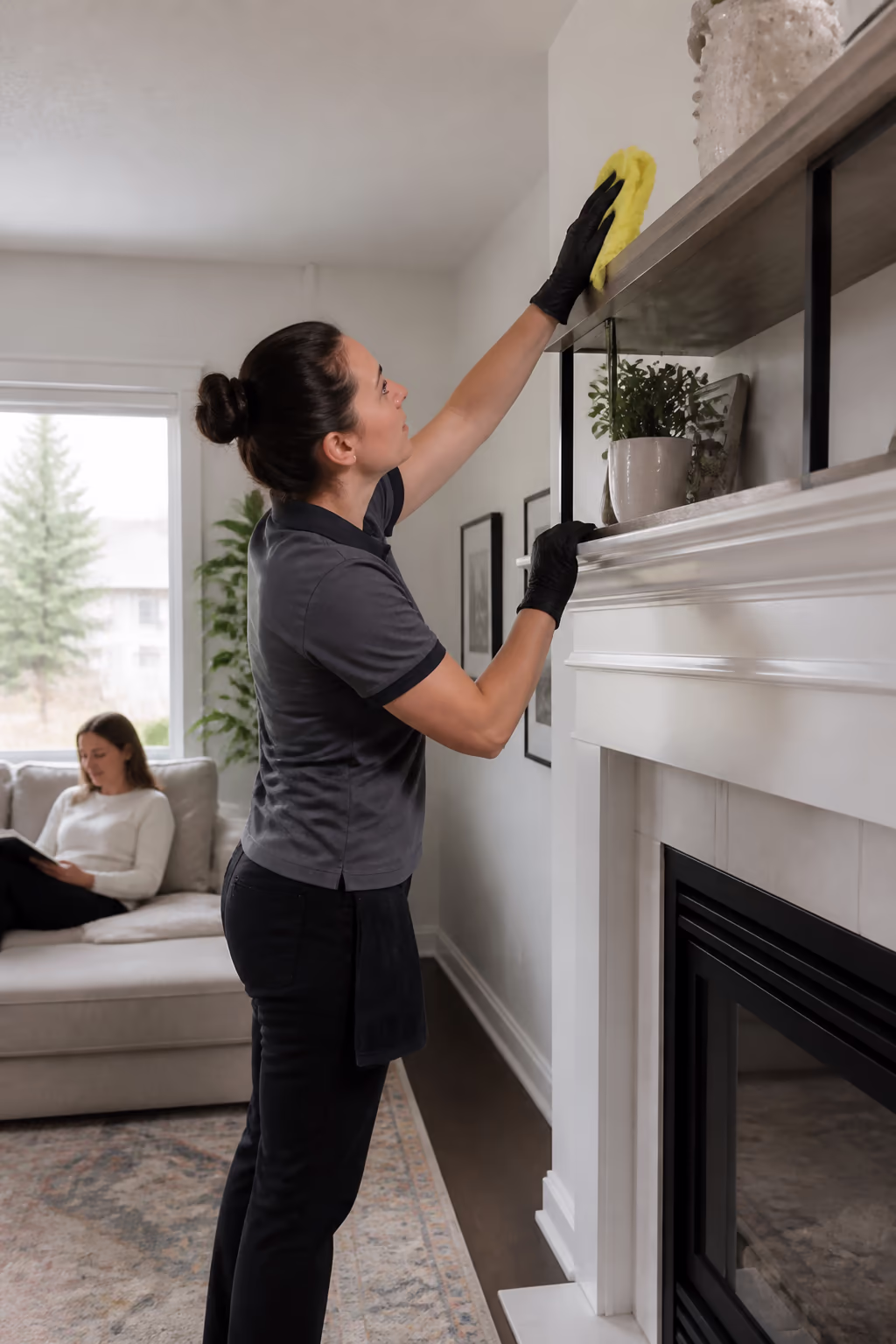 A portrait of a cleaning technician dusting a high shelf in a bright Ottawa living room while a homeowner rests on the sofa, capturing the steady, consistent routine that keeps a home healthy and calm.