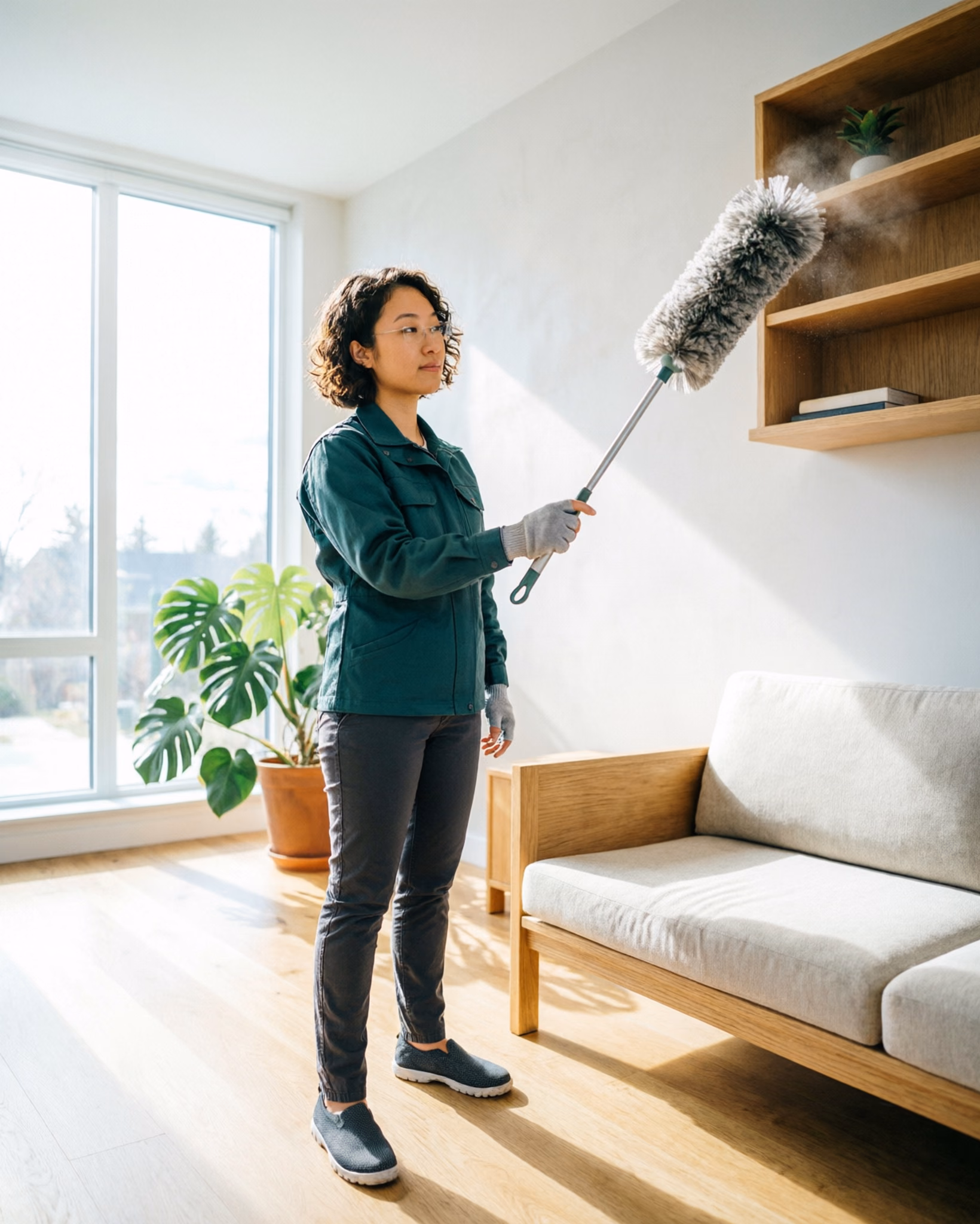 A portrait of a cleaning technician dusting a high shelf in a bright Ottawa living room while a homeowner rests on the sofa, capturing the steady, consistent routine that keeps a home calm and supports mental wellbeing.