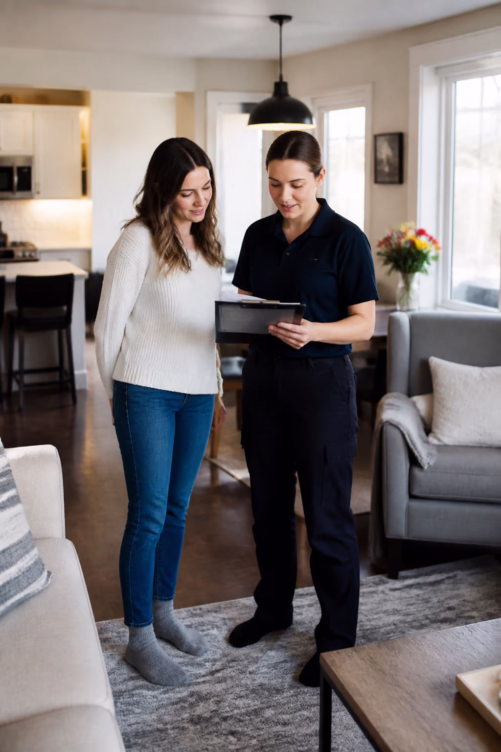 A portrait of a cleaning technician reviewing a cleaning plan with a homeowner in a bright Ottawa living room, capturing the local, documented care behind a routine that keeps a home calm and healthy.