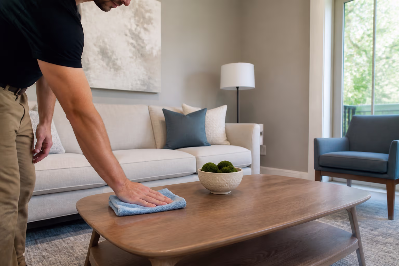 A bright, freshly staged Ottawa living room with cleared surfaces, dusted baseboards and soft daylight, capturing the clean, move-in-ready presentation that pre-sale cleaning and home staging deliver before the listing photos.