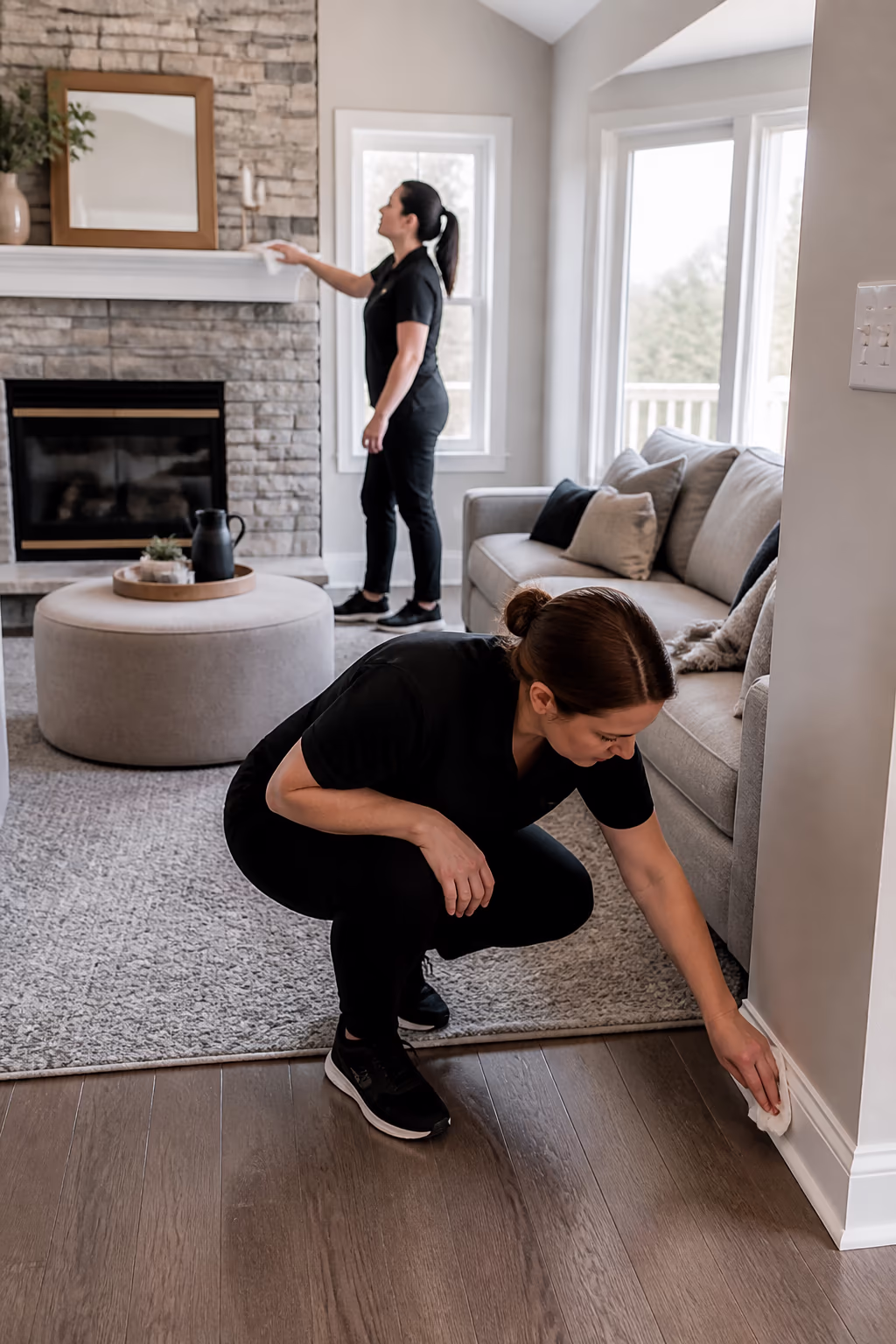 A portrait of a cleaning technician doing a final walkthrough of a staged Ottawa living room, checking baseboards and high-touch points before the listing photos.