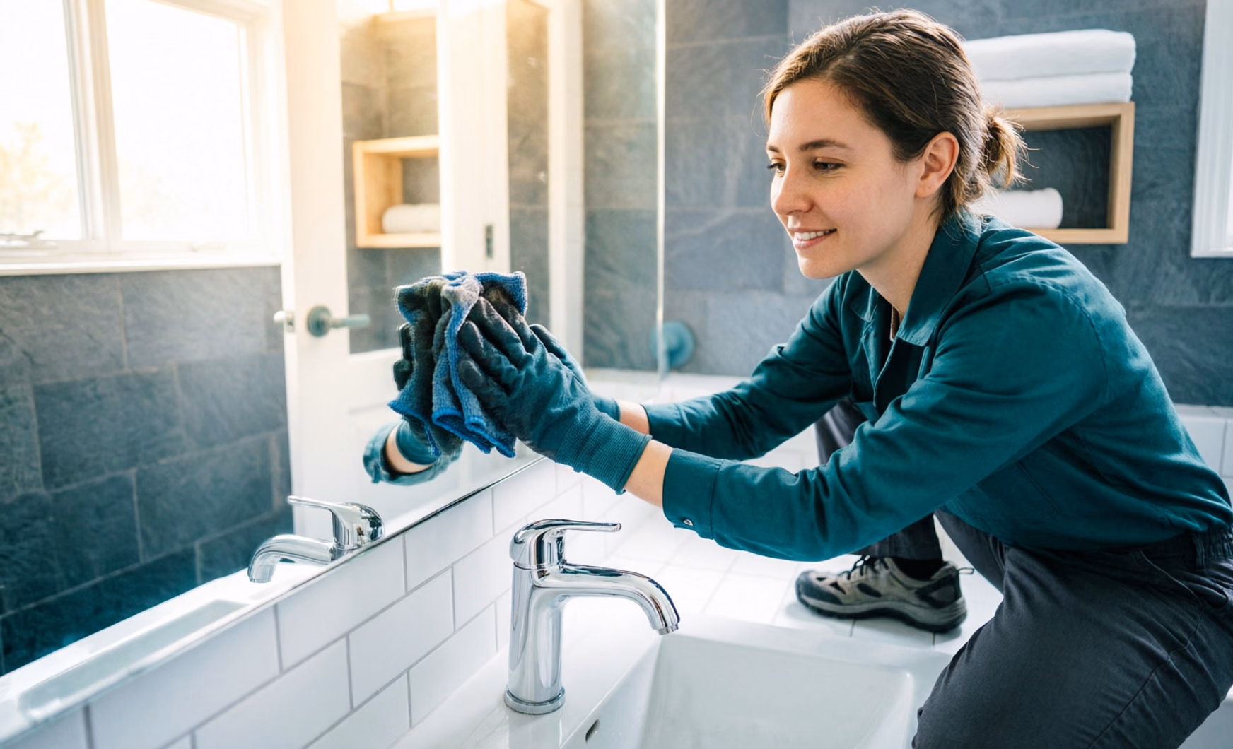 A gloved hand wiping a large bathroom mirror with a microfibre cloth while chrome faucets and clean white tiles reflect in the glass of a bright bathroom.