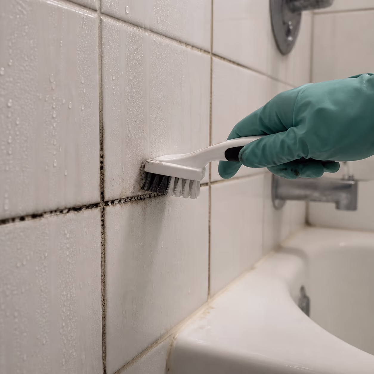 A close-up of a bathroom tile wall with condensation beads running down onto dark mildew in the grout joints, capturing the warm, damp surfaces where bathroom bacteria and mould multiply.