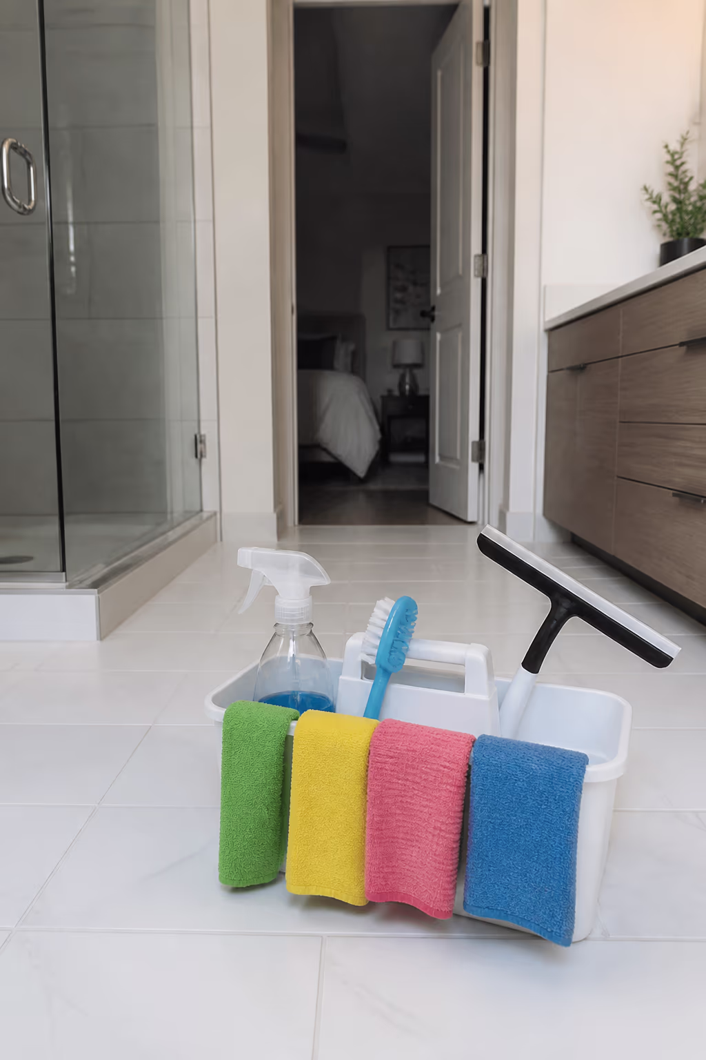 An organised bathroom cleaning caddy holding a spray bottle, a stiff grout brush, a squeegee and colour-coded microfibre cloths, staged on a white tiled floor.
