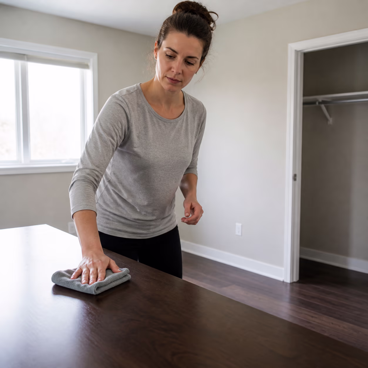 A square view of an empty, freshly cleaned Ottawa bedroom with polished floors and dusted surfaces, capturing the deep clean that makes a new home feel genuinely ready before anyone moves in.