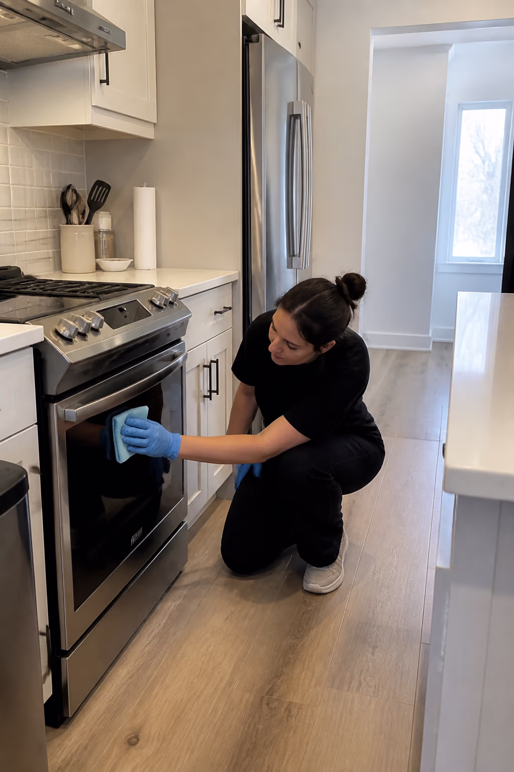 A portrait of a cleaning technician doing a final walkthrough of a freshly cleaned Ottawa kitchen, checking the oven, fridge and baseboards before the homeowners move in.